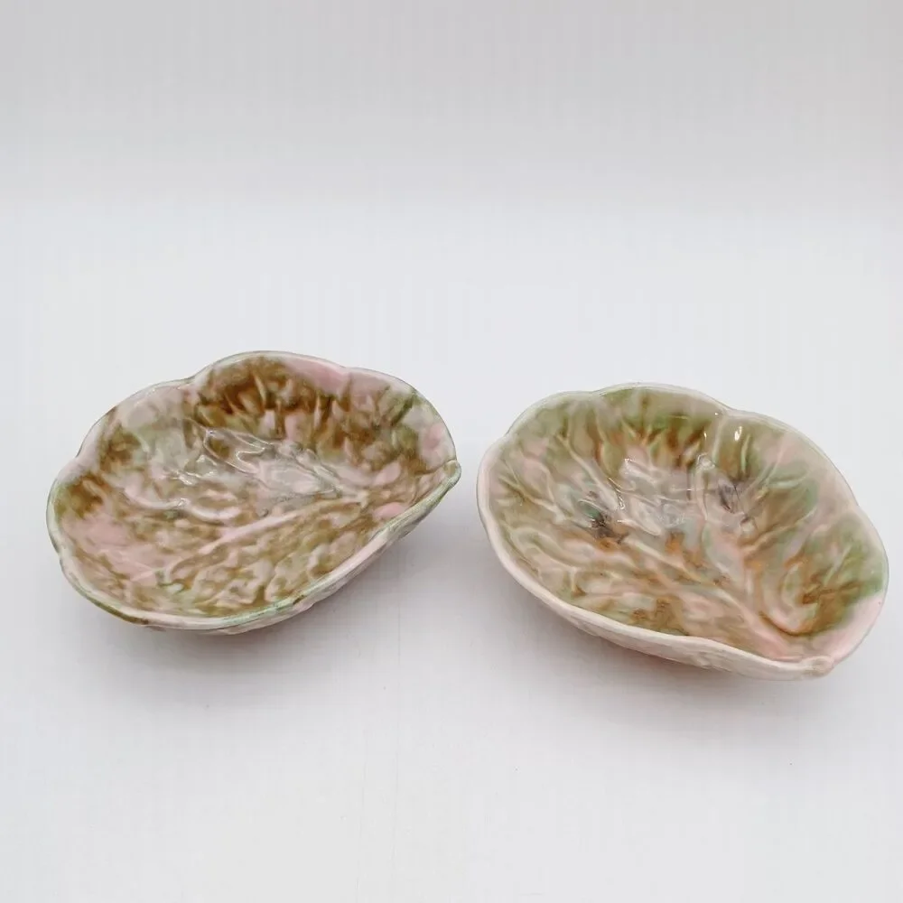 Matching Pair Antique Weller Pottery Zona Leaf Bowls Pink Green Glaze 1920s...